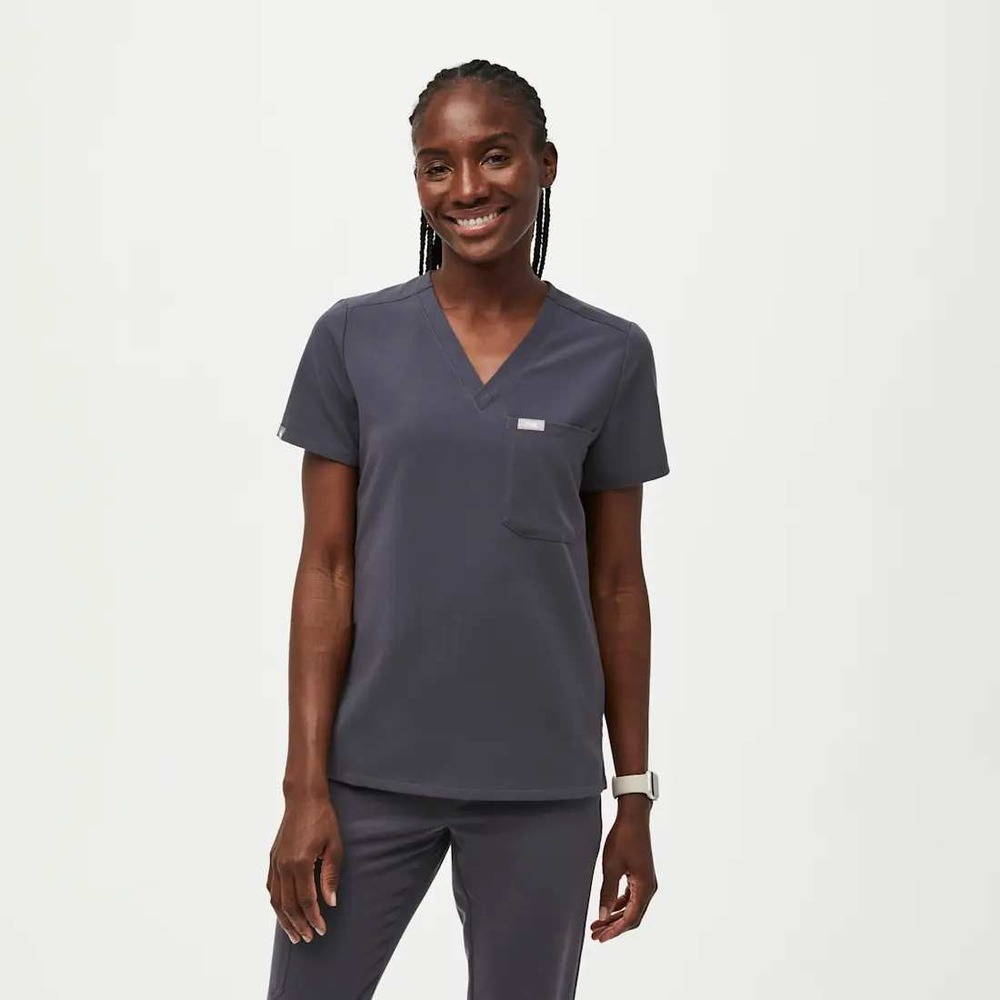 FIGS Catarina Scrub Top Women Large V-Neck Single Pocket Charcoal Gray